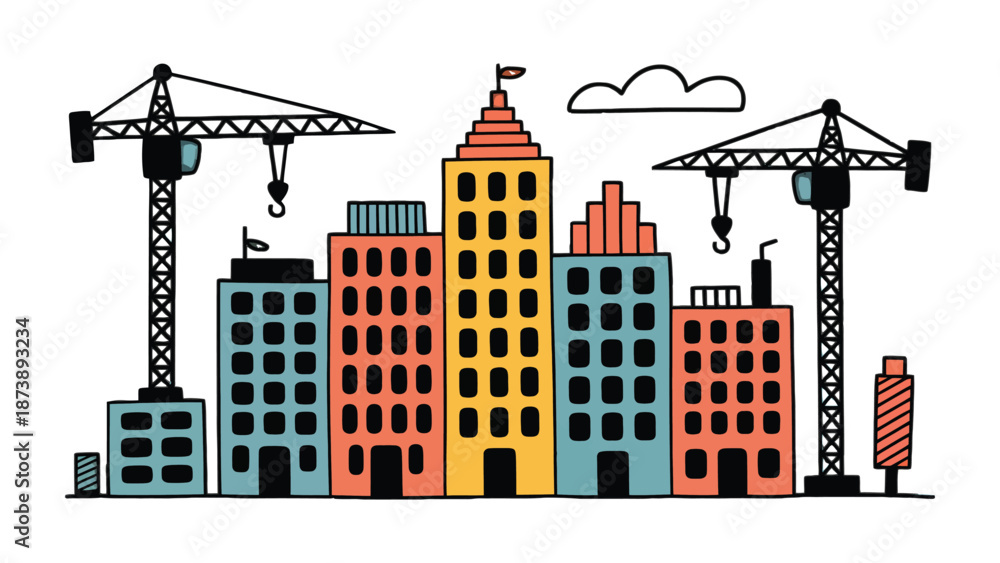 Obraz premium Cityscape Under Construction: A stylized cityscape in progress, showcasing the dynamic fusion of architecture and engineering, with cranes poised against the backdrop of vibrant buildings.