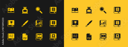 Set Book, PDF file document, Financial book, about cinema, Fountain pen nib, Magnifying glass, Open and Inkwell icon. Vector