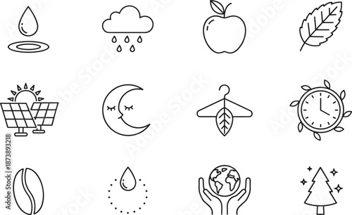 Eco lifestyle line icon set illustration, sustainability nature energy food weather symbols, minimal outline design isolated on white