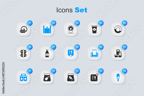 Set Food ordering, Bottle of water, Online food, Coffee cup to go, Ice cream, Round the clock delivery and Cafe and restaurant location icon. Vector