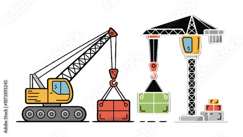 Industrial Lifting Machines: Two powerful cranes, engaged in the vital task of hoisting and transporting shipping containers, showcase the efficiency and power of modern infrastructure.