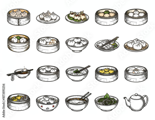 Dim Sum Vector Icon Set: Chinese Food & Asian Dumpling Graphic Design Elements