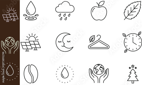 Eco lifestyle line icon set illustration, sustainability nature energy food weather symbols, minimal outline design isolated
