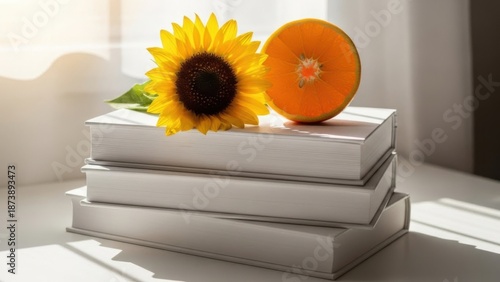 Stack of white books with sunflower and sliced orange on top