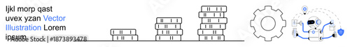 Financial growth, technology processes, business efficiency, system optimization, data management, industry evolution. Coin stacks, gear icon and digital network elements. Financial growth