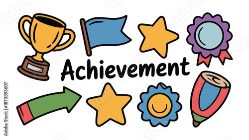 Achievement Graphic Elements: A vibrant collection of achievement graphic elements, including trophies, flags, stars, and badges, illustrating the core concept of accomplishment. 