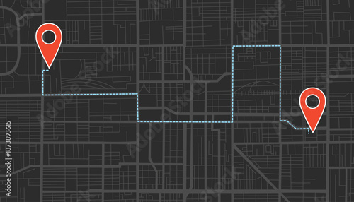 Black city map background with travel destination pins in flat style. Concept of travel, destination, location, route. Vector banner, top view.