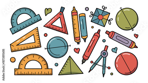 Geometric Treasures: A collection of vibrant geometrical tools, featuring rulers, protractors, compasses, and markers, forming an array of shapes and colors.