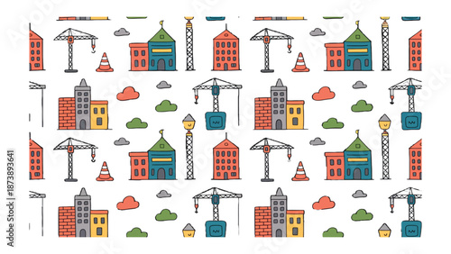Cityscape construction pattern: A playful construction-themed pattern, featuring colorful buildings and cranes, creates a dynamic visual narrative about urban development. 