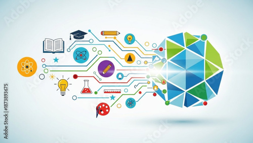 A colorful infographic featuring various education and science related icons and symbols connected by lines and wires on a white background with technology