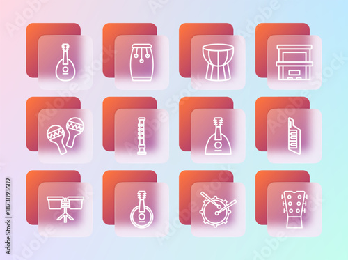 Set line Piano, Banjo, Balalaika, Drum with drum sticks, Flute, African darbuka, Mandolin and Conga drums icon. Vector