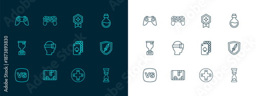 Set line Bottle with magic elixir, Portable video game console, Playing cards, Game controller joystick, Virtual reality glasses, rating medal, and icon. Vector