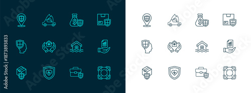 Set line Delivery security with shield, Life insurance, House flood, Briefcase, hand, Money bag, Location and Burning car icon. Vector