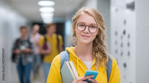 Smiling student navigating the school hallway, phone in hand, blending technology with traditional learning as classmates stride in the background during a vibrant school day.