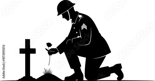 Kneeling Soldier Silhouette Beside Cross Grave Vector Illustration
