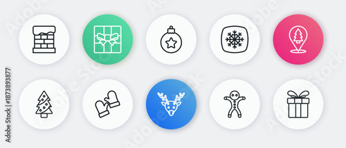 Set line Reindeer, Christmas tree, Holiday gingerbread man cookie, Snowflake, ball, Gift box and mittens icon. Vector