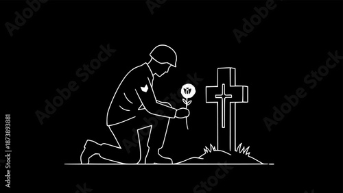 Kneeling Soldier Silhouette Beside Cross Grave Vector Illustration
