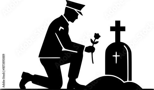 Kneeling Soldier Silhouette Beside Cross Grave Vector Illustration

