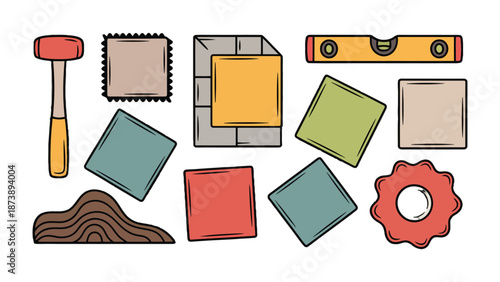 Construction Tools Collection: A curated collection of essential construction tools, including a level, hammer, and various tiles, illustrating the building process and craftsmanship. 