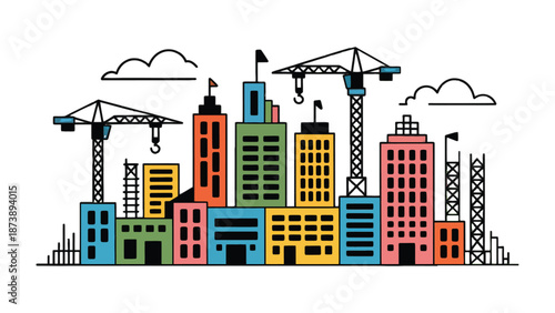 City Construction Site Illustration: A vibrant depiction of a city under construction, featuring colorful buildings and towering cranes against a backdrop of clouds. 