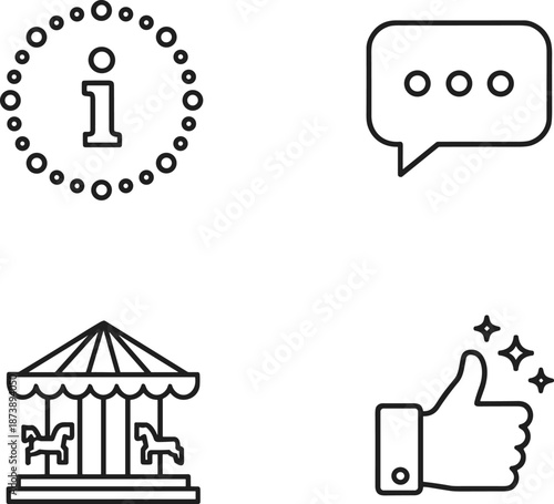 Information and communication icon set, line style symbols, chat, institution building, approval sign, minimal outline illustration