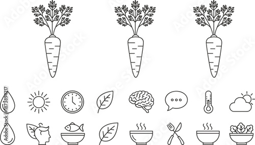 Healthy food and lifestyle line icon set illustration, organic vegetables nutrition wellness symbols collection, minimal outline design