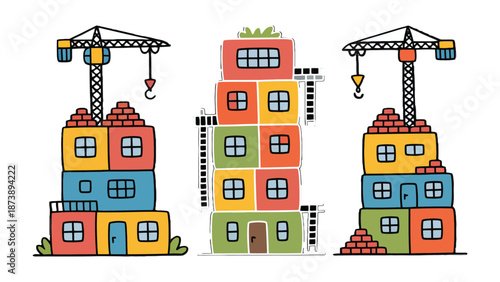 Building Blocks Construction: A charming illustration showcases colorful building blocks being assembled by construction cranes, symbolizing the process of construction, growth, and creation.