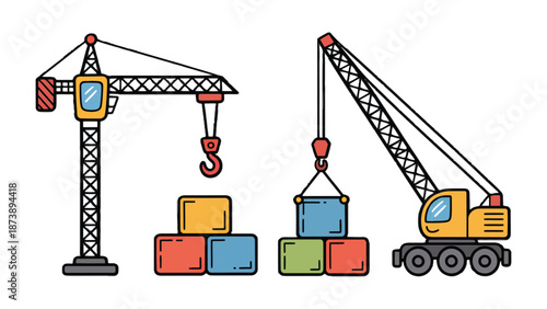 Construction Cranes in Action: An illustrative view capturing the essence of construction sites, showcasing a crane, boxes and the fundamental machinery.