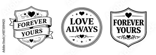 Badge designs with hearts and bold love themed phrases. Love stamp set black and white vector collection