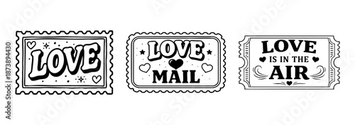 Retro love mail illustrations featuring stamp frames, heart icons and bold lettering in classic black line vector style.