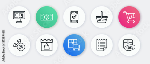 Set line Delivery cargo truck, Shopping cart, Telephone 24 hours support, Wish list template, basket, Mobile shopping, Cardboard box with free symbol and day icon. Vector