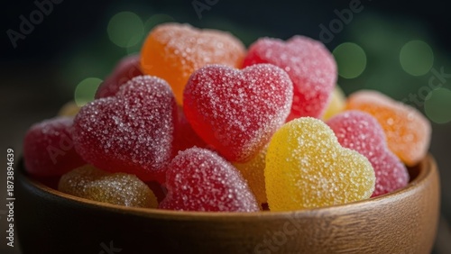 Colorful heart shaped candies in a wooden bowl