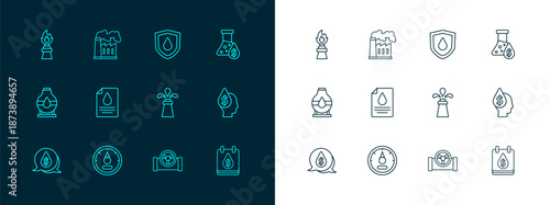 Set line Oil petrol test tube, Motor gas gauge, rig, pipe with valve, Contract money and pen, drop shield, fire and industrial factory icon. Vector