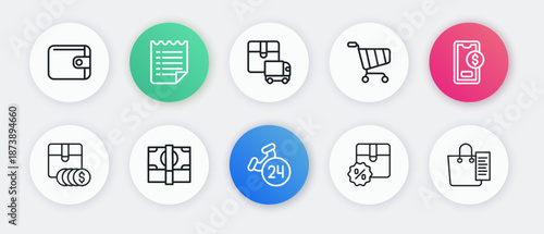 Set line Telephone 24 hours support, Mobile with dollar, Item price tag, Cardboard box discount, Shopping cart, Delivery cargo truck, list and Stacks paper money cash icon. Vector