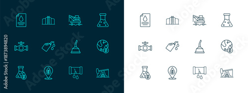Set line Oil petrol test tube, drop with dollar symbol, Canister for motor machine oil, Broken pipe valve, platform the sea, Contract money and pen and tank storage icon. Vector