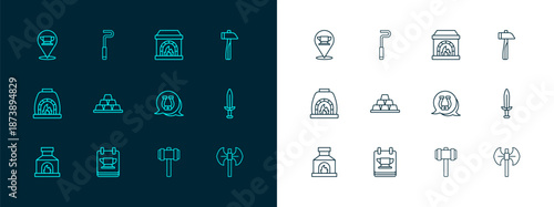 Set line Hammer, Blacksmith anvil tool, Horseshoe, Sledgehammer, Gold bars, oven, and Fire poker icon. Vector