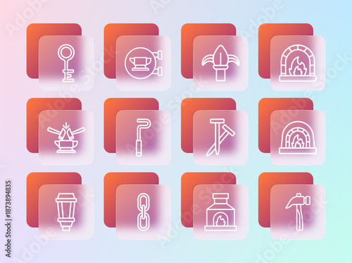 Set line Blacksmith oven, Chain link, Metallic nails, Fire poker, Classic iron fence, Old key and anvil tool icon. Vector