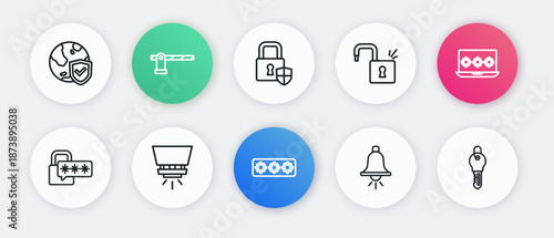 Set line Password protection, Laptop with password, Cyber security, Ringing alarm bell, Open padlock, Shield, Key and Fire sprinkler system icon. Vector
