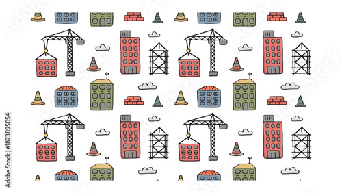 Construction Zone Pattern: A whimsical illustration of a lively construction site, where buildings, cranes, and essential components come together. The scene is presented in a repeat pattern.
