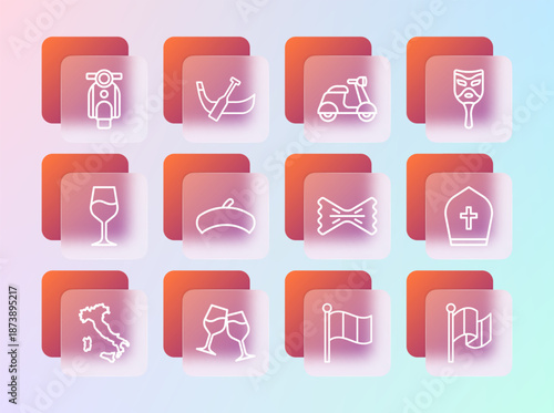 Set line Carnival mask, Wine glass, Macaroni, Flag Italy, French beret, Scooter, and Gondola boat icon. Vector