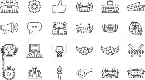 Sports stadium and competition line icon set illustration, football basketball trophy referee symbols, minimal outline vector design