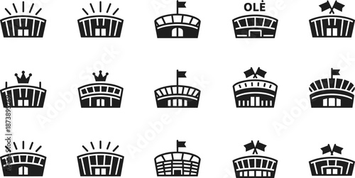 Sports stadium solid icon set illustration, football arena building symbols collection, modern minimal glyph design isolated