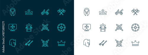 Set line Crossed medieval axes, Medieval arrows, sword, Shield with swords, throne, catapult, helmet and King crown icon. Vector