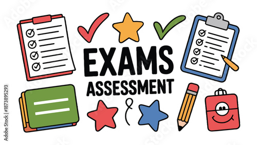Exams and Assessment Icons: Illustrative icons representing the core concepts of exams and assessments are arranged, creating a visual for educational purposes.