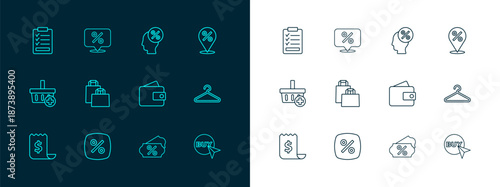 Set line Location with percent, Discount tag, Wallet, Paper shopping bag, Clipboard checklist and icon. Vector