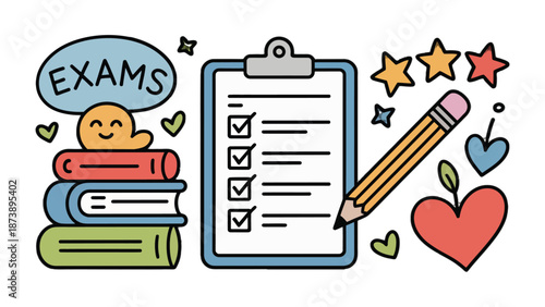 Education essentials: An artistic representation of exams and the tools needed to ace them, featuring books, clipboard, pencil, and charming accents.