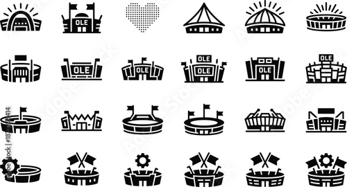 Sports stadium solid icon set illustration, football arena symbols collection, modern minimal black glyph vector design isolated background