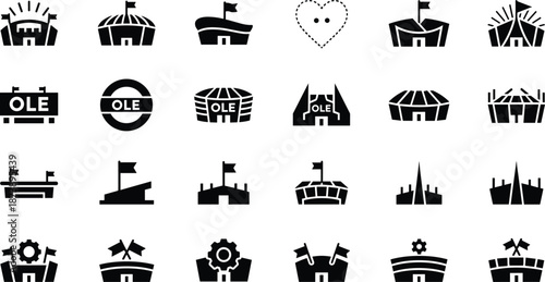 Sports stadium solid icon set illustration, football arena symbols collection, modern minimal black glyph vector design