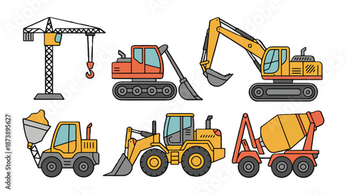 Construction Equipment Illustration: A vibrant illustration showcasing various pieces of construction equipment, capturing the essence of the building industry, from a crane to a concrete mixer. 