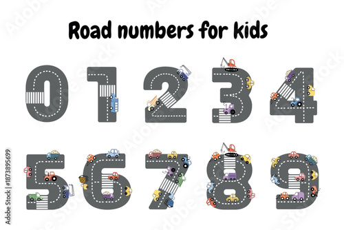 Road Numbers with Cars for Kids. A playful and educational number set for kids featuring numbers 0 to 9 styled as roads with various colorful vehicles, including cars, trucks, tractors.